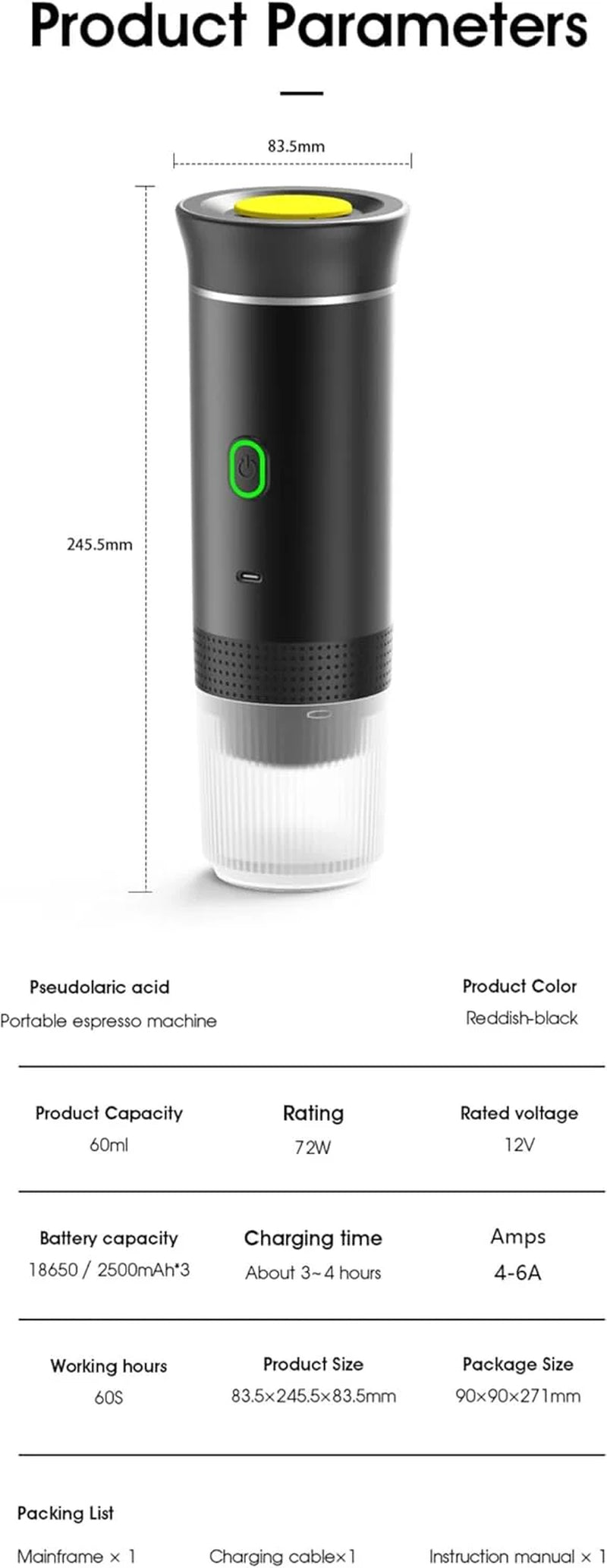 Wireless Portable Electric Coffee Maker with USB-C, Self-Heating, Rechargeable Espresso Coffee Machine for Travel, Camping, Rv,Home,Office