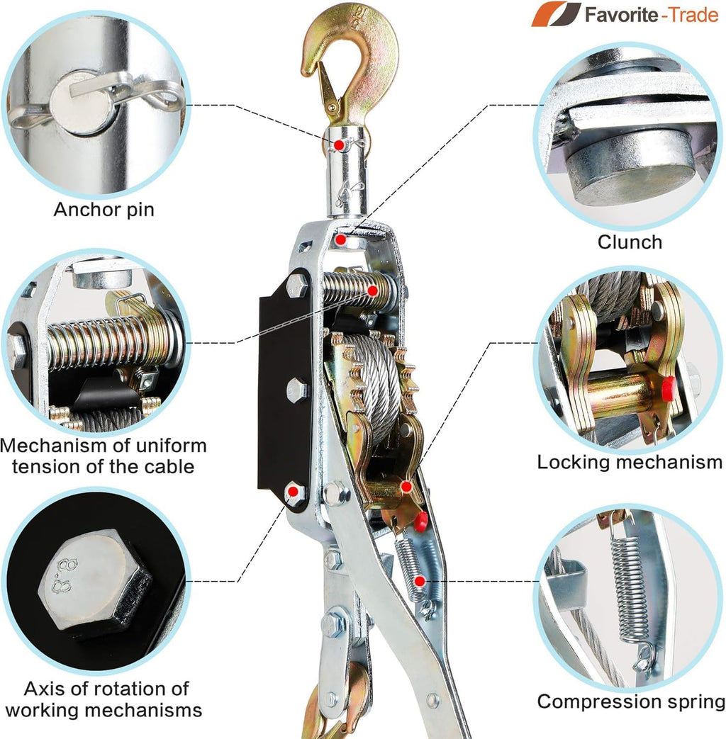 Come along Winch 5 Ton (11,023 Lbs) Manual Cable Puller, Heavy Duty Power Puller with Dual Gear, 10 Ft Steel Cable, 3 Hooks - Hand Winch for Vehicle Recovery, Fence Stretching & Heavy Load Pulling