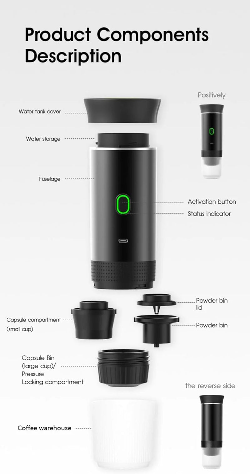 Wireless Portable Electric Coffee Maker with USB-C, Self-Heating, Rechargeable Espresso Coffee Machine for Travel, Camping, Rv,Home,Office