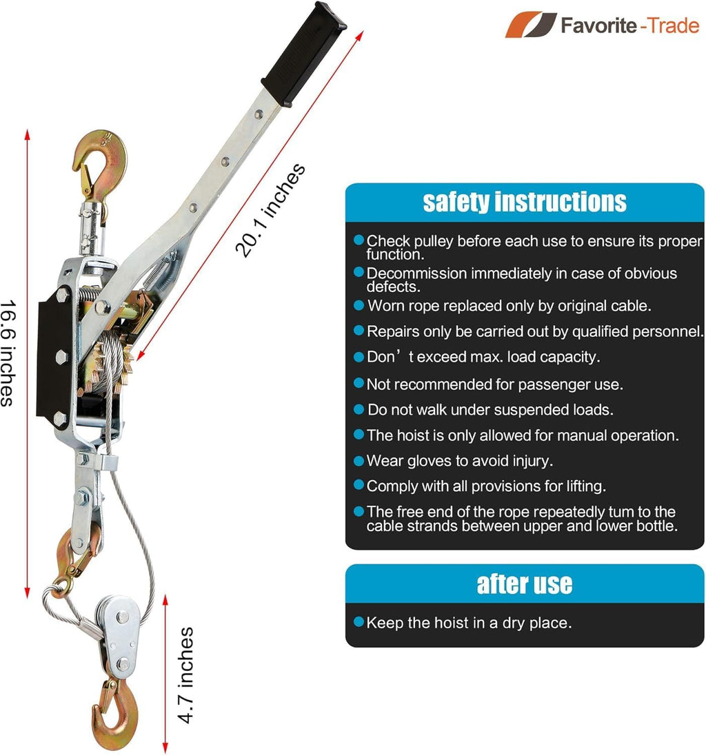 Come along Winch 5 Ton (11,023 Lbs) Manual Cable Puller, Heavy Duty Power Puller with Dual Gear, 10 Ft Steel Cable, 3 Hooks - Hand Winch for Vehicle Recovery, Fence Stretching & Heavy Load Pulling